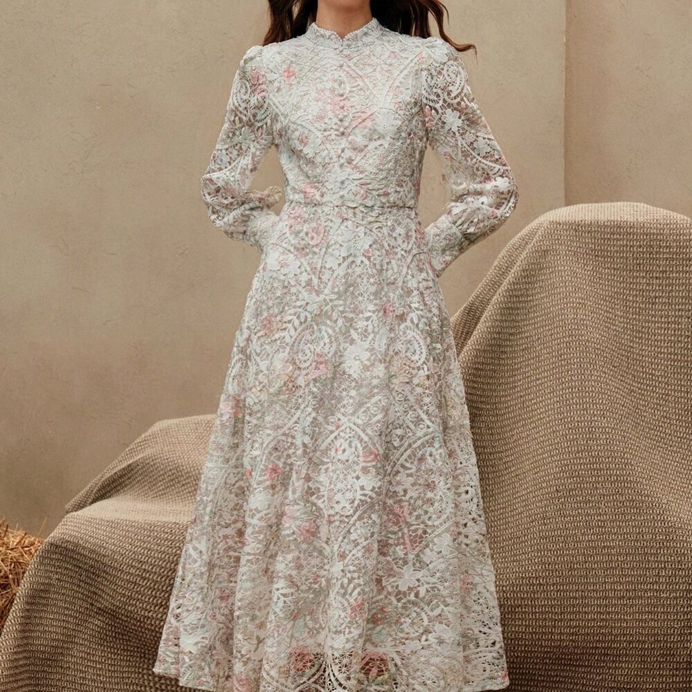 Multicolor Elegant Women's Watercolor Patchwork Embroidered A-Line Dress